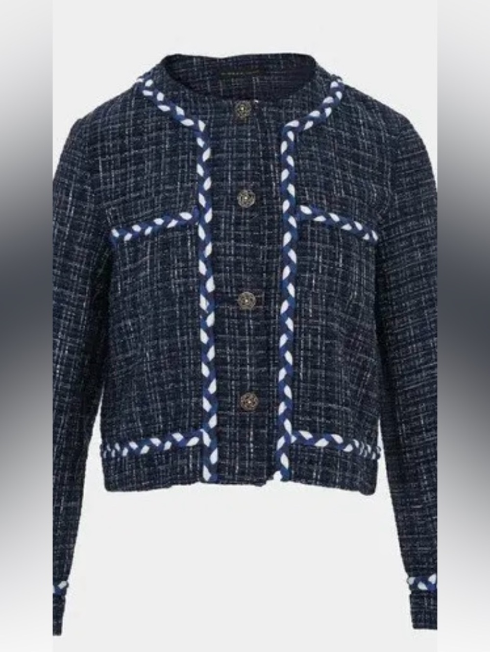 Navy Tweed Jacket Contrasting White & Blue Braided Trim Preppy